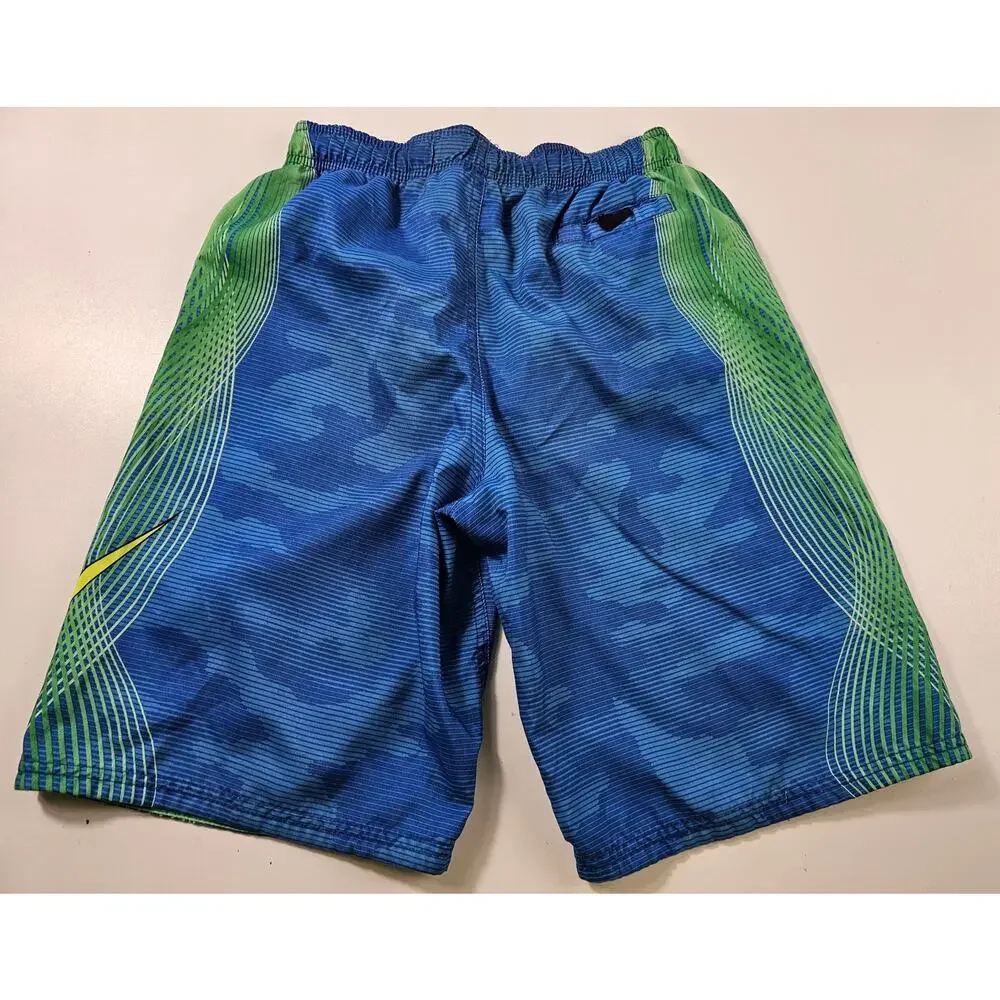 Nike Boys size Large L lined brief swim suit trunks blue green drawstring waist*